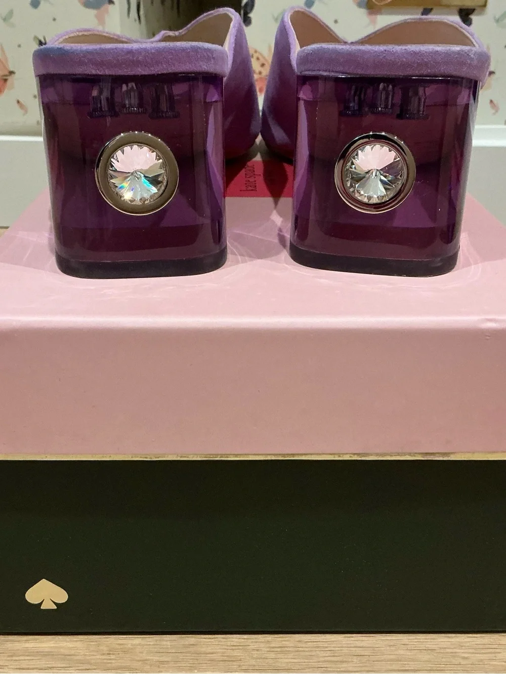 kate spade lilac suede open-toe slingback mules with lucite block heel